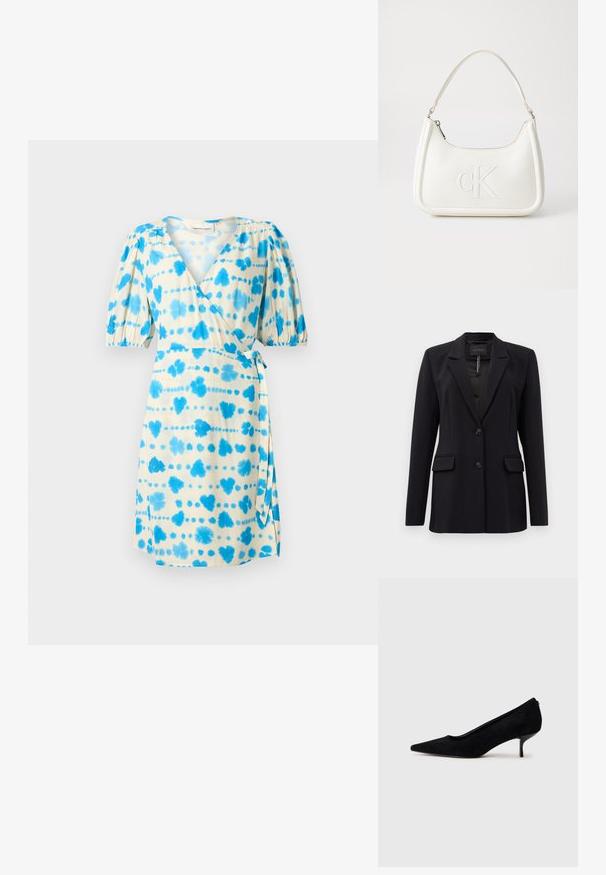 Crni blaz reza s odrezanim reverima, dva prednja džepa s preklopom, dva gumba i džepom na prsima, s oznakom GUESS unutar ovratnika.; Kratka rukava haljina od kremastog materijala s plavim tie-dye uzorcima, sa strukom koji se ističe i raširenom suknjom, te detaljem vezanja sa strane.; Crna nubuk visoka potpetica s šiljastim vrhom i tankom, niskom potpeticom. Glatka tekstura s elegantnim dizajnom, bez vidljivih dodataka.; Bijela kožna torba s zakrivljenim oblikom, koja na prednjoj strani ima utisnut logotip "CK" i jedan remen za nošenje preko ramena. Zatvaranje na munju na vrhu.