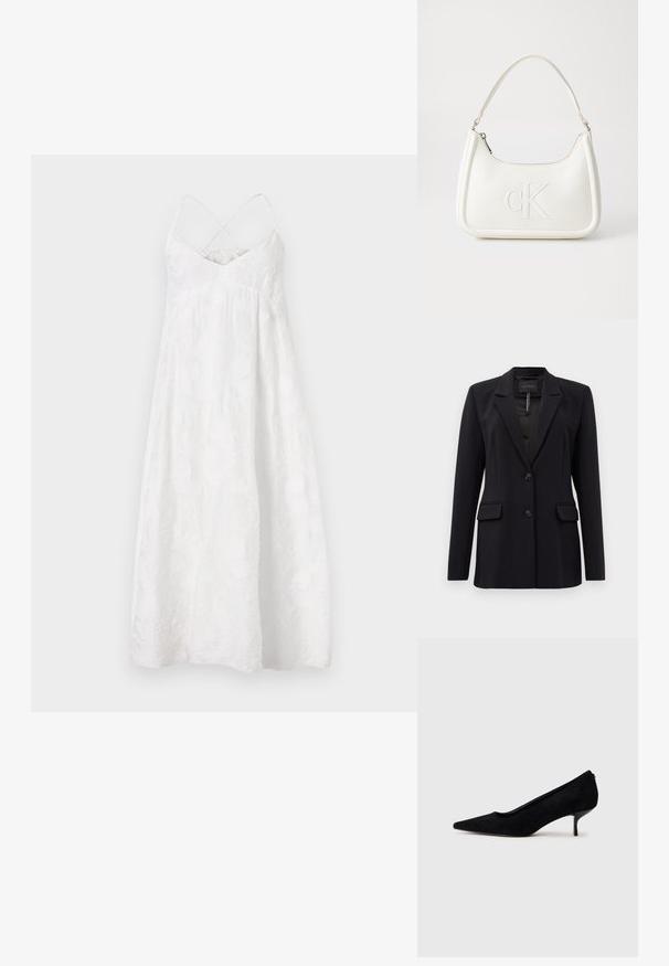 Svart skreddersydd blazer med notsklapper, to frontlommer med klaff, to knapper og en brystlomme, merket GUESS på innsiden av kragen.; DRYKORN AVISSA - Kjole - off white; Sorte semskede høyhælte sko med spiss tå og slank, lav hæl. Glatt tekstur med et elegant design, uten synlig maskinvare.; Hvit lærveske med en buet fasong, med et preget "CK"-logo på forsiden og en enkel skulderstropp. Glidelåslukking på toppen.