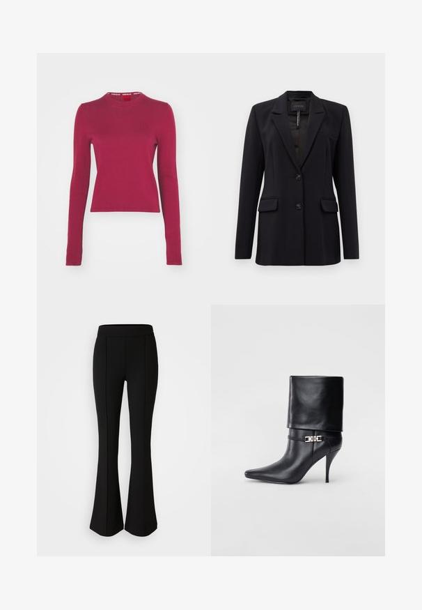 Blazer nero su misura con rever a taglio, due tasche frontali a filetto, due bottoni e una tasca sul petto a filetto, etichettato GUESS all'interno del colletto.; HUGO SCALLIA - Maglione - medium red; Pantaloni neri a zampa d'elefante realizzati in un materiale elastico con una texture liscia, caratterizzati da dettagli delle cuciture lungo la parte anteriore per un tocco di design in più.; Stivale ankle in pelle nera con punta affusolata, alto tacco a stiletto, risvolto sulla caviglia e un elegante dettaglio in oro con fibbia decorativa.
