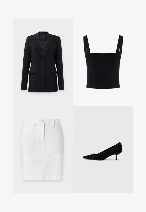 Schwarzer maßgeschneiderter Blazer mit Reverskragen, zwei vorderen Klappentaschen, zwei Knöpfen und einer Brustpassentasche, innen am Kragen mit GUESS beschriftet.; Schwarzes, kurzes Oberteil mit breiten Schulterträgern, zeichnet sich durch ein strukturiertes Design und vertikale Nähte für zusätzliche Form und Detail aus. Sanfte Textur.; Weißer Baumwoll-Bleistiftrock mit einer Knopfleiste vorne, Gürtelschlaufen und glatter Textur. Minimalistisches Design, knielang.; Schwarzer Wildleder-High-Heel-Schuh mit spitzem Zeh und slim, niedrigem Absatz. Glatte Textur mit elegantem Design, ohne sichtbare Beschläge.