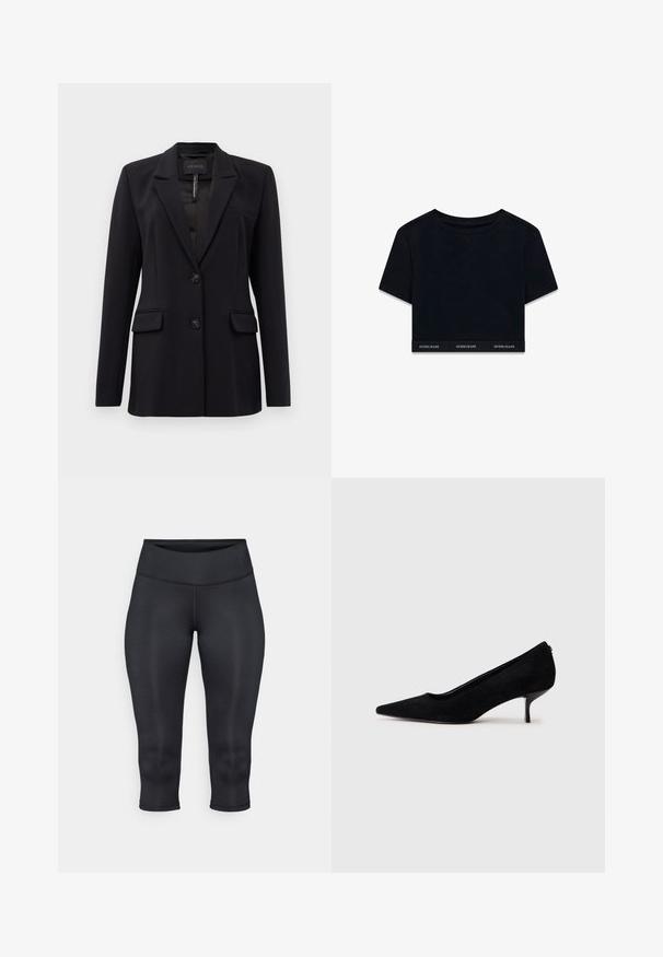 Črn sofisticiran blazer z izrezom na reverjih, dvema sprednjima žepoma z poklopcem, dvema gumboma in žepom na prsih, označen z GUESS na notranji strani ovratnika.; Črni skrajšani majica iz mehkega materiala s kratkimi rokavi in okroglim izrezom. Ima blagovno znamko na robu z napisom "GUESS JEANS" v beli barvi.; Črne kapri legice izdelane iz gladkega, elastičnega materiala. Imajo visok pas in krajšega kroja. Brez vidnih vzorcev ali dodatkov.; Črne semiš visoke pete z običajem in tankim, nizkim petom. Gladka tekstura s elegantnim dizajnom, brez vidnih kovinskih delov.
