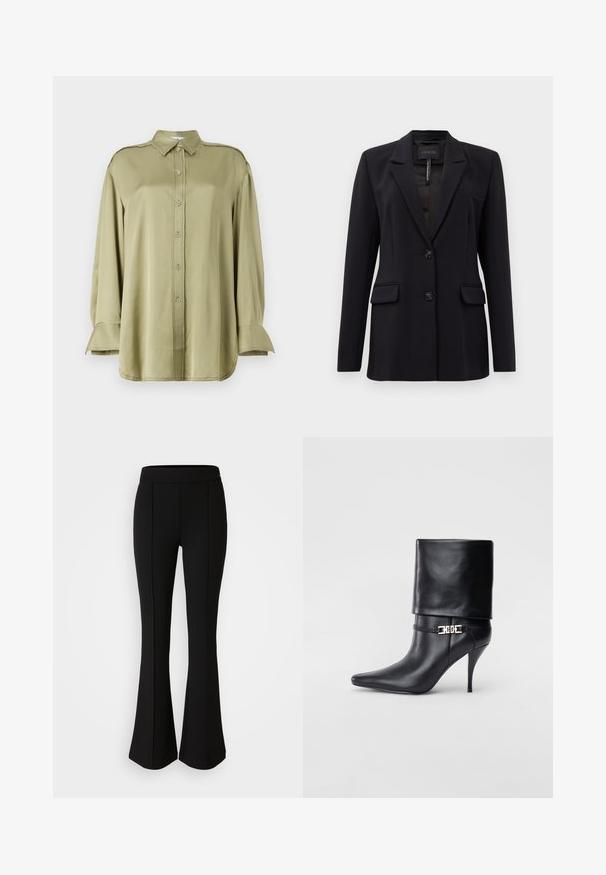 Melns piegriezts žakets ar izgrieztiem atlokiem, divām priekšējām kabatām ar atloku, divām pogām un krūšu kabatu, ar etiķeti GUESS iekšējā apkaklē.; Olišu zaļa blūze no gludas auduma, ar apkakles kaklu, pogu priekšpusi, garām piedurknēm ar aproču akcentiem un plēstu detaļu.; Melni izplešami bikses, izgatavotas no elastīga materiāla ar gludu tekstūru, ar šuvju detaļām priekšpusē, lai pievienotu dizaina elementus.; Melnas ādas potīšu zābaki ar smailu purngalu, augstu stiletto papēdi, salocītu aproci un zeltītu dekoratīvu sprādzi uz potītes.