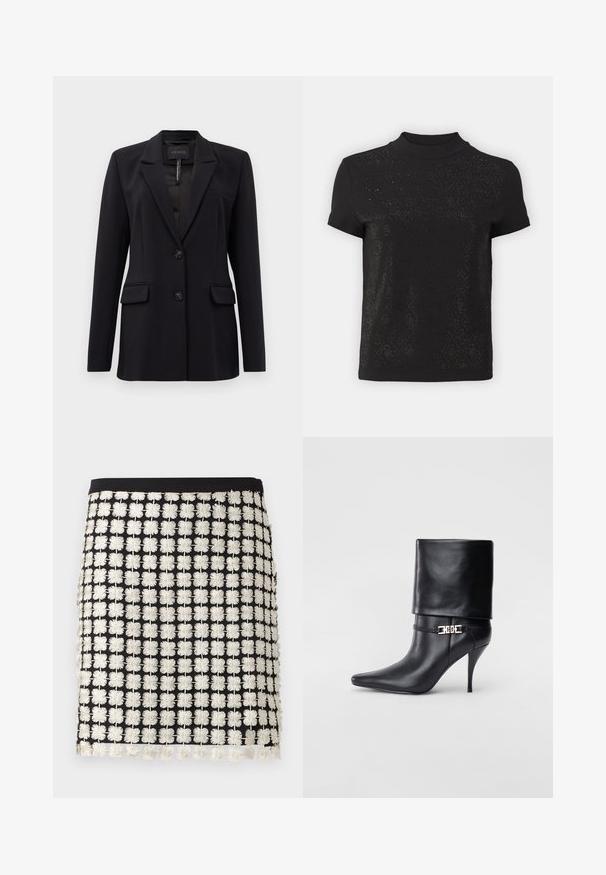 Blazer noir ajusté avec revers en notch, deux poches avant à rabat, deux boutons et une poche poitrine passepoilée, étiqueté GUESS à l’intérieur du col.; Haut noir à manches courtes avec un col haut et un motif texturé agrémenté de accents en forme de diamant. Matériau doux avec une finition lisse et une subtile brillance.; Jupe noire au design structuré, ornée de motifs brodés floraux blancs. Les accents comprennent des détails en frange le long de l'ourlet et une taille ajustée.; Bottine en cuir noir avec un bout pointu, un haut talon aiguille, un revers, et un détail décoratif en boucle dorée au niveau de la cheville.