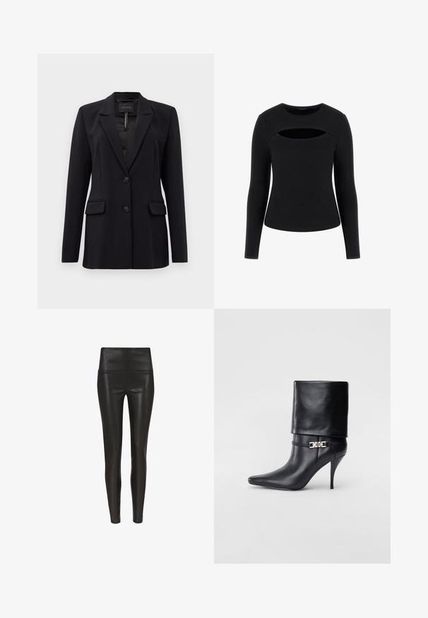 Črn sofisticiran blazer z izrezom na reverjih, dvema sprednjima žepoma z poklopcem, dvema gumboma in žepom na prsih, označen z GUESS na notranji strani ovratnika.; Črn dolg rokav vrh s rebrasto teksturo in edinstvenim izrezom na prsih, okroglo ovratnik in prilegajoč silhuet.; Visoko pasne črne legice iz umetnega usnja z gladko, sijočo površino in prilegnjenim krojem, ki se zožujejo pri gležnju. Brez vidnih šivov.; Črne usnjene gležnjarje z ostrim nosom, visokim stiletto peto, zavihanim robom in zlatim okrasnim zaponko na gležnju.