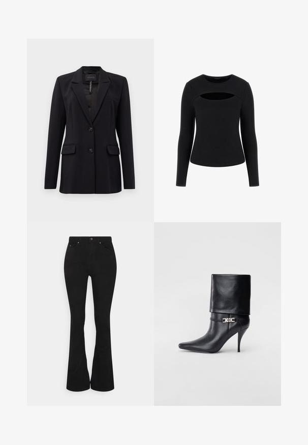 Melns piegriezts žakets ar izgrieztiem atlokiem, divām priekšējām kabatām ar atloku, divām pogām un krūšu kabatu, ar etiķeti GUESS iekšējā apkaklē.; Melna garām piedurknēm augšdaļa ar ribotu tekstūru un unikālu izgriezumu krūšu rajonā, ar apaļu kakla izgriezumu un pieguļošu siluetu.; Melni platā stila džinsi ar augstu jostasvietu, izgatavoti no mīkstas kokvilnas auduma. Iekļauj priekšējās kabatas, metāla pogu aizdari un smalkus šuvju akcentus.; Melnas ādas potīšu zābaki ar smailu purngalu, augstu stiletto papēdi, salocītu aproci un zeltītu dekoratīvu sprādzi uz potītes.