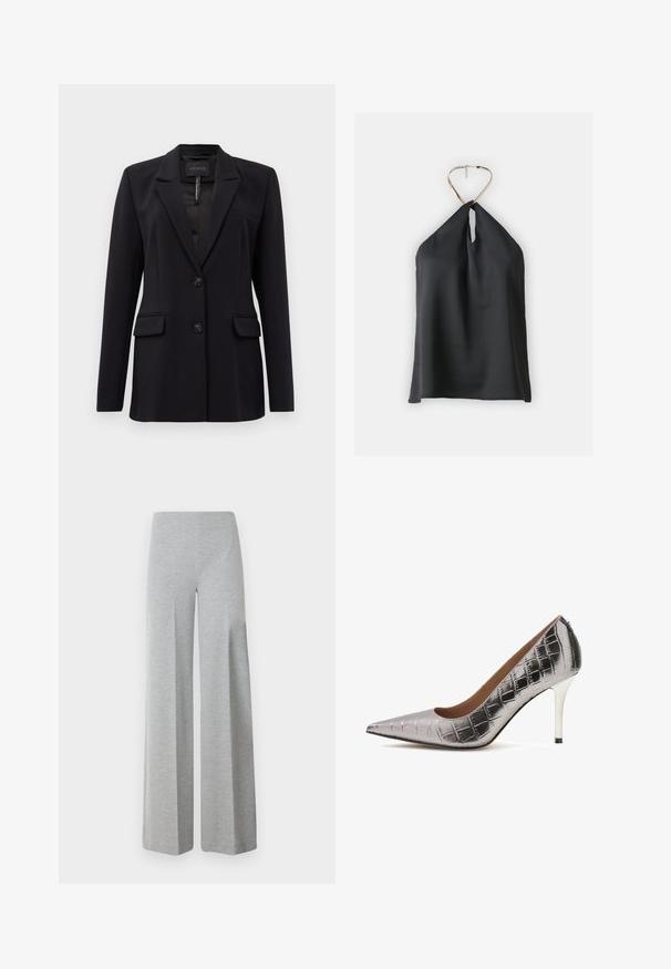 Sacou negru, ajustat, cu rever în formă de V, două buzunare frontale cu clapetă, două nasturi și un buzunar pe piept, cu eticheta GUESS pe guler.; Top negru cu guler halter, fabricat dintr-un material neted, având un guler legat la gât și un bandou metalic auriu care accentuează designul.; Pantaloni gri cu picioare largi, confecționați dintr-un material moale și elastic. Prezintă talie înaltă și un design simplu, fără detalii suplimentare.; Pantofii cu toc înalt, argintii, din material synthetic cu textură de crocodil, cu vârf ascuțit și toc stiletto elegant, cu accent negru.