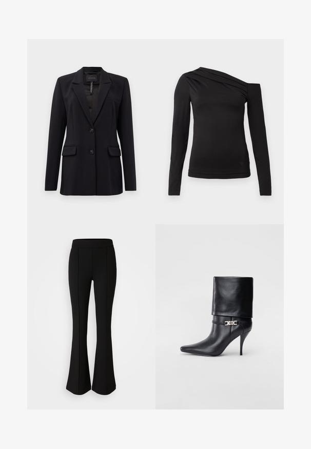 Fekete szabott zakó, lelapolt hajtókával, két elülső hajtókás zsebbel, két gombbal és egy mellkasi zsebbel, a gallér belső részén GUESS felirattal.; Fekete, hosszú ujjú felső aszimmetrikus nyakkivágással, amelyen az egyik váll szabadon van, és finom redők futnak a mellkason.; Fekete, elasztikus anyagból készült, sima textúrájú, bővülő nadrág, elülső varrásokkal a dizájn fokozása érdekében.; Fekete bőr bokacsizma hegyes orral, magas stiletto sarokkal, hajtott szegéllyel és arany díszcsattal a bokán.