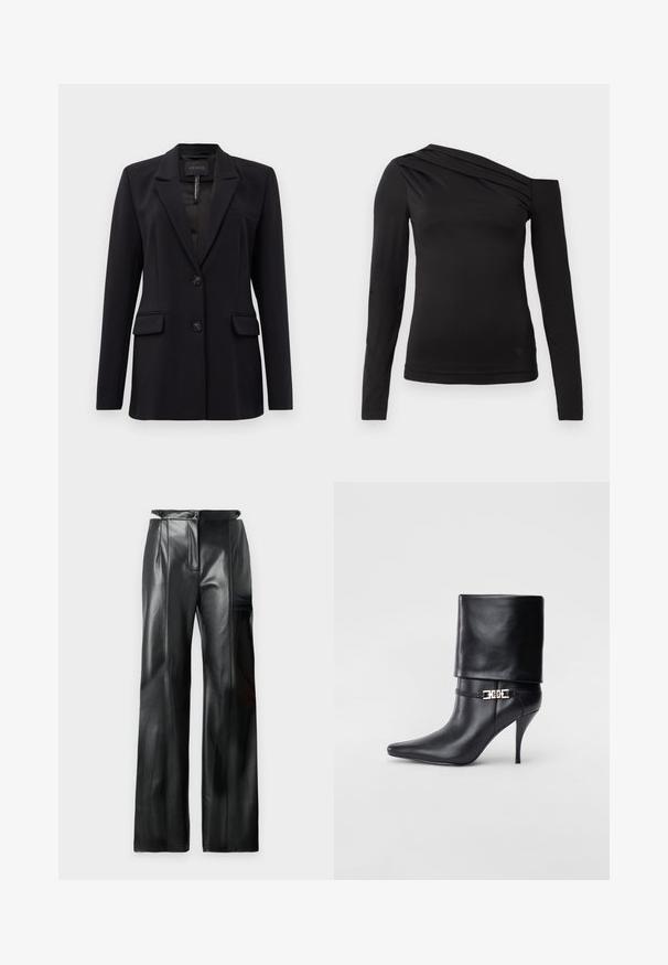 Czarna marynarka o dopasowanym kroju z klapami, dwoma przednimi kieszeniami z klapą, dwoma guzikami oraz kieszenią w klatce piersiowej, oznaczona metką GUESS wewnątrz kołnierza.; Czarny top z długim rękawem o asymetrycznym dekolcie, z jednym odsłoniętym ramieniem i delikatnym drapowaniem na klatce piersiowej.; Czarne skórzane spodnie z wysokim stanem, szerokimi nogawkami, pionowymi szwami i gładką fakturą. Posiadają zamek błyskawiczny i szlufki na pasek.; Czarne skórzane botki za kostkę z ostrym noskiem, wysokim obcasem w kształcie stiletto, z załamanym mankietem oraz złotym dekoracyjnym zapięciem na kostce.