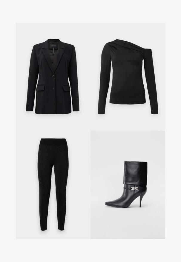 Černý saka s vyrobeným střihem, klopami do tvaru notche, dvěma předními kapsami na klopy, dvěma knoflíky a náprsní kapsou, označeno GUESS uvnitř límce.; Černý top s dlouhým rukávem a asymetrickým výstřihem, jedním ramenem odkrytým a jemným drapováním přes hrudník.; Černé legíny s ribbovaným pasem, vyrobené z texturované látky s jemným metalickým leskem, s zipy na okrajích kotníků.; Černé kožené kotníkové boty s špičatou špičkou, vysokým stiletto podpatkem, ohrnovací manžetou a zlatým ozdobným přezkovým detailem na kotníku.