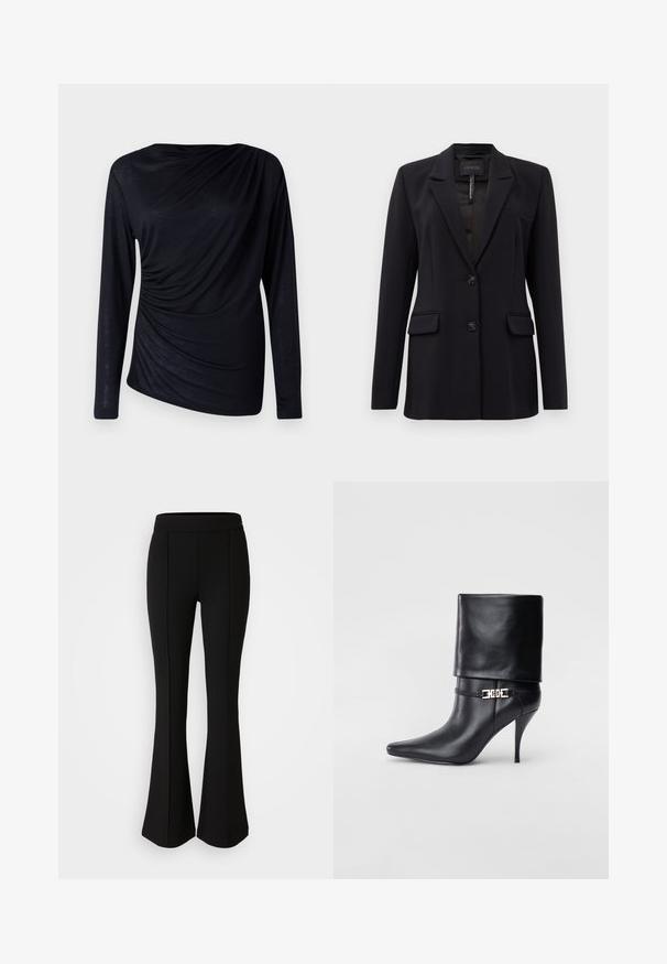 Zwarte op maat gemaakte blazer met notch revers, twee frontflapzakken, twee knopen en een borstzak met welt, gelabeld GUESS aan de binnenkant van de kraag.; Zwart langemouwen top van lichtgewicht stof, met een gedrapeerd ontwerp en geplooide details aan de linkerkant.; Zwarte flared broek gemaakt van een rekbaar materiaal met een gladde textuur, met naaddetails aan de voorkant voor extra ontwerp.; Zwarte leren enkelboot met een spitse neus, hoge stilettohak, opgevouwen manchet en een gouden decoratieve gespdetails op de enkel.