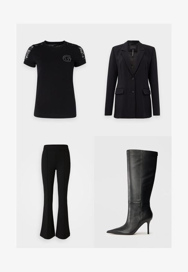 Czarna marynarka o dopasowanym kroju z klapami, dwoma przednimi kieszeniami z klapą, dwoma guzikami oraz kieszenią w klatce piersiowej, oznaczona metką GUESS wewnątrz kołnierza.; Guess - T-shirt z nadrukiem; Czarne spodnie dzwony z elastycznego materiału o gładkiej strukturze, z detalami szwów z przodu dla dodatkowego stylu.; Czarne skórzane kozaki do kolan z ostrym noskiem i cienkim obcasem typu stiletto, o gładkiej fakturze, przedstawione z boku na neutralnym tle.