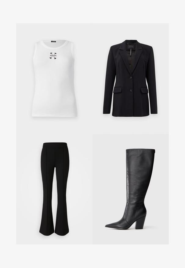 Schwarzer maßgeschneiderter Blazer mit Reverskragen, zwei vorderen Klappentaschen, zwei Knöpfen und einer Brustpassentasche, innen am Kragen mit GUESS beschriftet.; Weißes Tanktop mit ribbeliger Textur, rundem Halsausschnitt und schwarzem gesticktem Logo in der Mitte, verziert mit Schmetterlingsakzenten.; Schwarze, ausgestellte Hose aus einem dehnbaren Material mit glatter Textur, ausgestattet mit Nahtdetails an der Vorderseite für ein zusätzliches Designelement.; Schwarze kniehohe Lederstiefel mit spitzem Zehen und klobigem hohen Absatz, von der linken Seitenansicht auf weißem Hintergrund gezeigt.