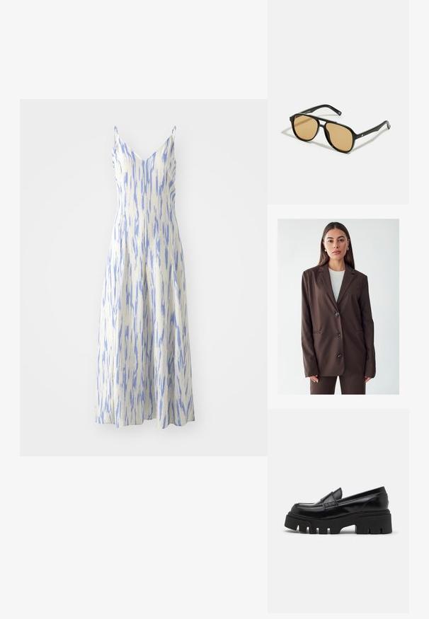 Blazer marron avec un col cranté, fermeture à bouton simple, et deux poches avant. Tissu lisse, coupe ajustée et design minimaliste.; Robe midi sans manches avec décolleté en V, en tissu blanc texturé orné de rayures verticales bleues, silhouette évasée.; Mocassins en cuir noir avec une semelle plateforme épaisse et texturée, et une sangle décorative sur le dessus. Fini lisse et brillant.; Lunettes de soleil noires avec des verres teintés marron ; forme rectangulaire avec une monture épaisse, incluant des détails discrets en métal sur les branches.; Pochette tressée marron avec une finition texturée, quincaillerie dorée et clous décoratifs le long des bords. Dispose d'une bandoulière en chaîne.