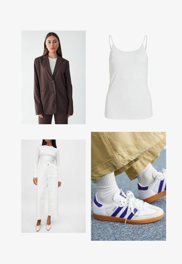Blazer marron avec un col cranté, fermeture à bouton simple, et deux poches avant. Tissu lisse, coupe ajustée et design minimaliste.; Débardeur blanc en tissu lisse, avec de fines bretelles spaghetti et un design simple et sans embellissement.; Haut à manches longues blanc avec une texture côtelée, associé à un jean blanc à taille haute et à jambes larges avec des poches avant et des détails en métal argenté.; Baskets blanches avec des rayures et des accents violets, dotées d'une semelle en gomme texturée et d'un design à lacets, portées avec des chaussettes blanches côtelées.