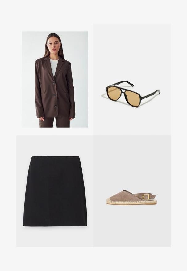 Brun blazer med spidse klapper, enkeltsidet knaplukning og to forlommer. Glat stof, skræddersyet pasform og minimalistisk design.; Sort langærmet skjorte lavet af ribbet stof. Den har en rund halsudskæring og et tætsiddende design uden synlige mønstre eller accenter.; Sort mini nederdel, lige snit, glat stofstruktur, ingen synlige mønstre eller pynt, rene kanter, ingen hardware. Simpelt design.; Sæde espadrille sandal i taupe, med åben bagdesign, jute sål, flad hæl, med justerbar spændeaccent, der har en kontrasterende beige tåkap.; Sorte solbriller med brune tonede linser; rektangulær form med en tyk ramme, herunder diskrete hardwaredetaljer på stængerne.; Brun vævet clutchtaske med en struktureret overflade, guldfarvet hardware og dekorative nitter langs kanterne. Har en kædetraspe.
