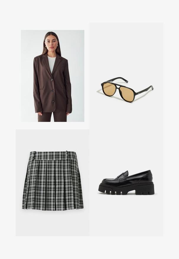 Blazer marrone con rever a scasso, chiusura a un solo bottone e due tasche frontali. Tessuto liscio, vestibilità sartoriale e design minimalista.; Maglietta nera a maniche lunghe realizzata in tessuto a coste. Presenta un collo rotondo e un design aderente senza motivi o dettagli visibili.; Gonna svasata a quadri bianco e nero con vita liscia e molte pieghe verticali. Realizzata in tessuto leggero.; Mocassini in pelle nera con suola piatta spessa e texturizzata e una fascia decorativa sulla parte superiore. Finitura liscia e lucida.; Occhiali da sole neri con lenti a sfumatura marrone; forma rettangolare con una montatura spessa, inclusi sottili dettagli metallici sulle astine.; Borsa a pochette intrecciata marrone con una finitura testurizzata, hardware dorato e borchie decorative lungo i bordi. Include una tracolla a catena.