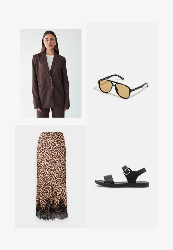 Blazer marrone con rever a scasso, chiusura a un solo bottone e due tasche frontali. Tessuto liscio, vestibilità sartoriale e design minimalista.; Maglietta nera a maniche lunghe realizzata in tessuto a coste. Presenta un collo rotondo e un design aderente senza motivi o dettagli visibili.; Gonna midi in stampa leopardata realizzata in tessuto morbido, con orlo in pizzo nero, silhouette a trapezio e vita aderente.; Sandalo nero con suola piatta, fibbia regolabile, due fasce larghe e texture liscia, progettato per il comfort e la facilità di utilizzo.; Occhiali da sole neri con lenti a sfumatura marrone; forma rettangolare con una montatura spessa, inclusi sottili dettagli metallici sulle astine.; Borsa a pochette intrecciata marrone con una finitura testurizzata, hardware dorato e borchie decorative lungo i bordi. Include una tracolla a catena.