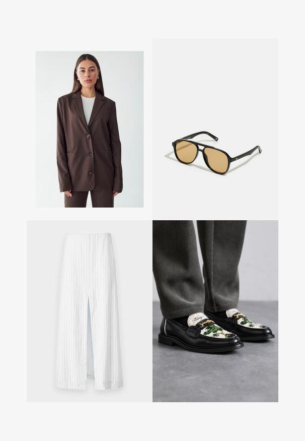 Brązowa marynarka z wykładanym kołnierzem, jednoprzeciwko zapinana na guzik i z dwiema przednimi kieszeniami. Gładki materiał, dopasowany krój i minimalistyczny design.; Czarna koszula z długim rękawem, wykonana z prążkowanej tkaniny. Posiada okrągły dekolt i dopasowany krój bez widocznych wzorów czy akcentów.; Biała midi spódnica w pionowe szare paski, z przodu z rozcięciem. Wykonana z lekkiego materiału, oferuje luźny, ale jednocześnie zorganizowany kształt.; Czarne skórzane loafersy z dekoracyjną górną częścią z zielonego i białego materiału. Zawierają złoty akcent w postaci łańcucha oraz teksturowaną czarną podeszwę.; Czarne okulary przeciwsłoneczne z brązowymi szkłami; prostokątny kształt z grubą oprawą, z delikatnymi akcentami na zausznikach.