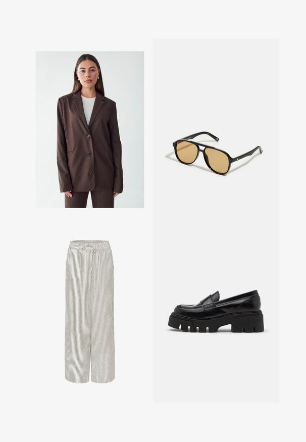 Blazer marron avec un col cranté, fermeture à bouton simple, et deux poches avant. Tissu lisse, coupe ajustée et design minimaliste.; T-shirt noire à manches longues en tissu côtelé. Elle présente un col rond et une coupe ajustée sans motifs ni accents visibles.; Pantalons larges en mélange de lin avec un motif rayé beige et gris. Comprend une taille élastique avec cordon de serrage et deux poches avant.; Mocassins en cuir noir avec une semelle plateforme épaisse et texturée, et une sangle décorative sur le dessus. Fini lisse et brillant.; Lunettes de soleil noires avec des verres teintés marron ; forme rectangulaire avec une monture épaisse, incluant des détails discrets en métal sur les branches.; Pochette tressée marron avec une finition texturée, quincaillerie dorée et clous décoratifs le long des bords. Dispose d'une bandoulière en chaîne.