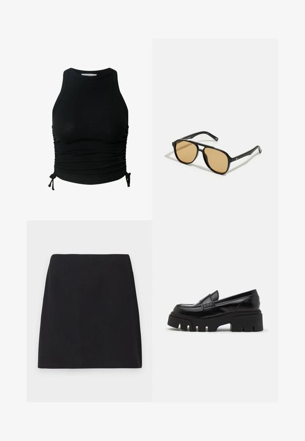 Brown blazer with a notched lapel, single-breasted button closure, and two front pockets. Smooth fabric, tailored fit, and minimalistic design.; Black ribbed tank top with a high neckline, fitted silhouette, and adjustable side ties for a customizable fit. Soft texture, minimal detailing.; Black mini skirt, straight cut, smooth fabric texture, no visible patterns or embellishments, clean edges, no hardware. Simple design.; Black leather loafers with a chunky textured platform sole and a decorative strap across the upper. Smooth, glossy finish.; Black sunglasses with brown tinted lenses; rectangular shape with a thick frame, including subtle hardware accents on the temples.; Brown woven clutch bag with a textured finish, gold-tone hardware, and decorative studs along the edges. Features a chain strap.