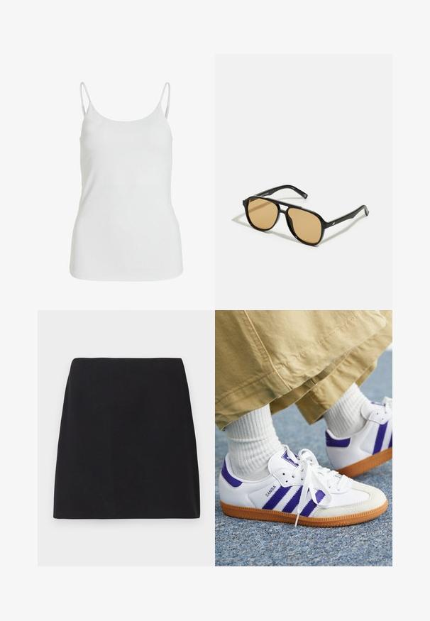 Hnedý blejzer s klopovým golierom, jednoradovým zapínaním na gombíky a dvoma prednými vreckami. Hladká tkanina, priliehavý strih a minimalistický dizajn.; Biele top s ramienkami, vyrobené z hladkej látky, s tenkými ramienkami a jednoduchým, bez výzdoby.; Čierna minisukňa, rovný strih, hladká textúra látky, žiadne viditeľné vzory ani ozdoby, čisté okraje, bez kovania. Jednoduchý dizajn.; Biele tenisky s fialovými pruhmi a akcentmi, vybavené textúrovanou gumenou podrážkou a šnurovacím dizajnom, nosené s bielymi rebrovanými ponožkami.; Čierne slnečné okuliare s hnedými farebnými šošovkami; obdĺžnikový tvar s hrubým rámom, vrátane jemných kovových akcentov na stranách.; Hnedá kožená hobo taška s zakriveným tvarom, zlatistým kovovým doplnkom, nastaviteľným ramenným popruhom a zipsovým uzáverom. Ozdobená príveskom.