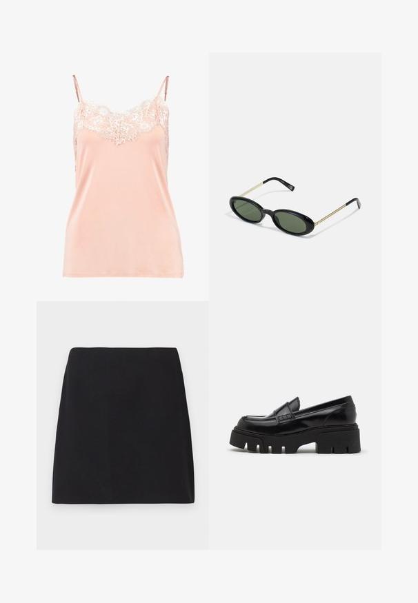 Hnědý blazer s klopou, jednořadovým zapínáním na knoflíky a dvěma předními kapsami. Hladká tkanina, přizpůsobený střih a minimalistický design.; Růžový top s nastavitelnými ramínky, s krajkovým lemem kolem výstřihu. Hladká tkanina, jemná textura a volný střih.; Černá mini sukně, rovný střih, hladká textilie, bez viditelných vzorů nebo ozdob, čisté okraje, bez kovových prvků. Jednoduchý design.; Černé kožené mokasíny s robustní texturovanou platformou a dekorativním páskem přes nárt. Hladký, lesklý povrch.; Sluneční brýle oválného rámu se zelenými skly, čelní část z černého plastu a tenké zlaté kovové stranice. Vyznačuje se minimalistickým designem s hladkým povrchem.; Hnědá pletená kabelka s texturovaným povrchem, zlatými kovovými prvky a dekorativními cvočky podél okrajů. Obsahuje řetízkový popruh.