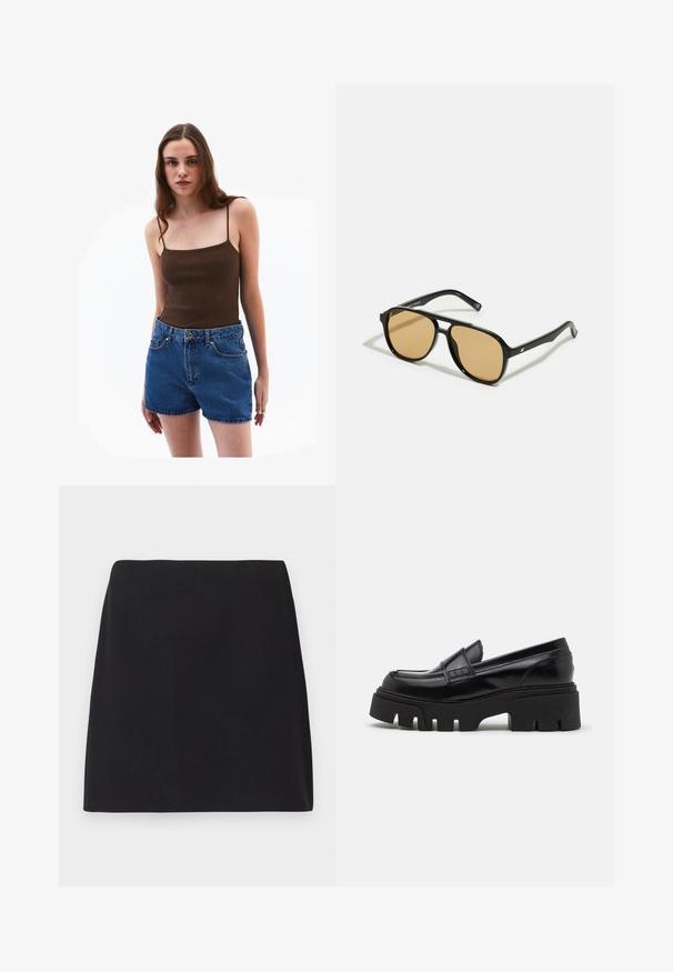 Brauner Blazer mit Reverskragen, einreihiger Knopfverschluss und zwei Vorder taschen. Glatter Stoff, taillierte Passform und minimalistisches Design.; Braunes geripptes Tanktop mit dünnen Trägern, kombiniert mit hochgeschnittenen blauen Denimshorts mit seitlichen Taschen und goldfarbener Knopfleiste.; Schwarzer Minirock, gerader Schnitt, glatte Stofftextur, keine sichtbaren Muster oder Verzierungen, saubere Kanten, keine Hardware. Einfaches Design.; Schwarze Lederloafer mit einer massiven, strukturierten Plateausohle und einem dekorativen Riemen über dem Obermaterial. Glatte, glänzende Oberfläche.; Schwarze Sonnenbrille mit braun getönten Gläsern; rechteckige Form mit einem dicken Rahmen, einschließlich subtiler Hardware-Akzente an den Bügeln.; Braune geflochtene Clutch mit strukturierter Oberfläache, goldfarbener Hardware und dekorativen Nieten entlang der Kanten. Besitzt einen Kettenriemen.