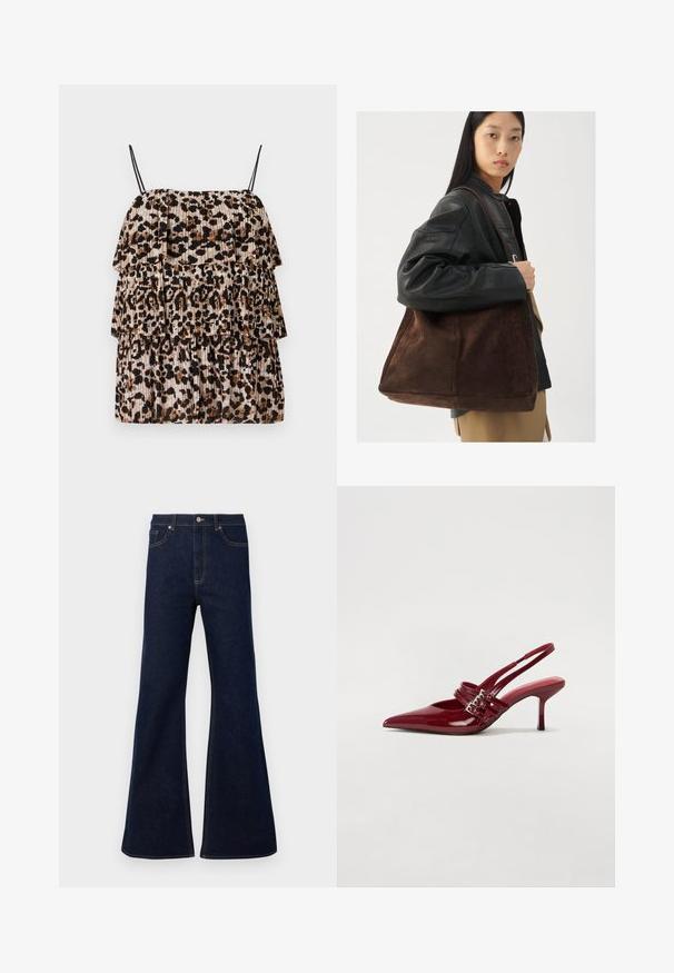Brun faux suède blazer med slagkrage, enkelknappsstängning, två framfickor och en slät inredning.; Leopardmönstrad topp med tre nivåer av volanger, tillverkad av lättviktsmaterial. Har tunna svarta remmar och en plisserad textur i beige och brunt.; Mörkblå utsvängda denim jeans med hög midja, framfickor och gyllene sömdekorationer. Slät textur med en klassisk passform.; Röda patentläder slingback-hälar med spetsig tå, två spännen och en smal, medelhög stilettklack. Slät textur.; Brun bälte av mocka med en bred form och mjuk textur, som har ett enda handtag och minimal hårdvara mot en neutral bakgrund.