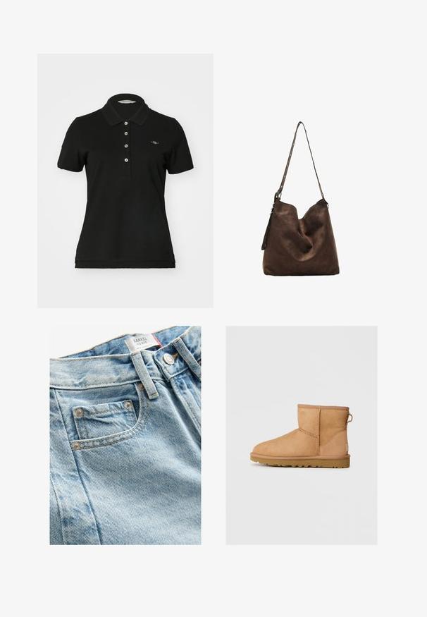 Mørkternet to-knaps blazer med notch revers, klaplommer, brystlomme og lille broderet krokodillelogo på venstre ærmekant.; Sort polo shirt lavet af bomuld, med en klassisk krave, fem knap lukning og et lille broderet logo på brystet. Korte ærmer.; Lys blå mellemhøje denim jeans med en struktureret finish, der har en lille frontlomme og metallisk knaplukning. Karakteristisk syning er synlig.; Brune suede ankelstøvle med rund tå, stikninger, en pull tab bagpå og en tekstureret gummisål. Designet til komfort og varme.; Brun suede hobo taske med en buet top, en lang rem med prikkede detaljer og en blød tekstur. Har et slouchy design til afslappet brug.