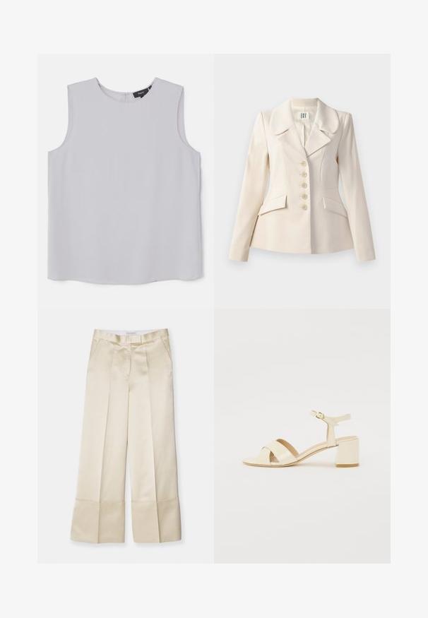 Blazer beige ajusté avec de grands revers, fermeture à cinq boutons, deux poches avant et une coupe structurée. Texture de tissu lisse.; Haut sans manches en gris clair, fabriqué en tissu lisse. Présente un col rond et une fermeture éclair dissimulée au dos.; Pantalons beige à jambes larges en tissu lisse avec une taille haute, un devant plissé et un ourlet replié, dotés de poches latérales et d'une finition soignée.; Sandales à talons en cuir verni beige avec un design à brides croisées, bout ouvert, bride de cheville réglable et un talon carré. Texture lisse.
