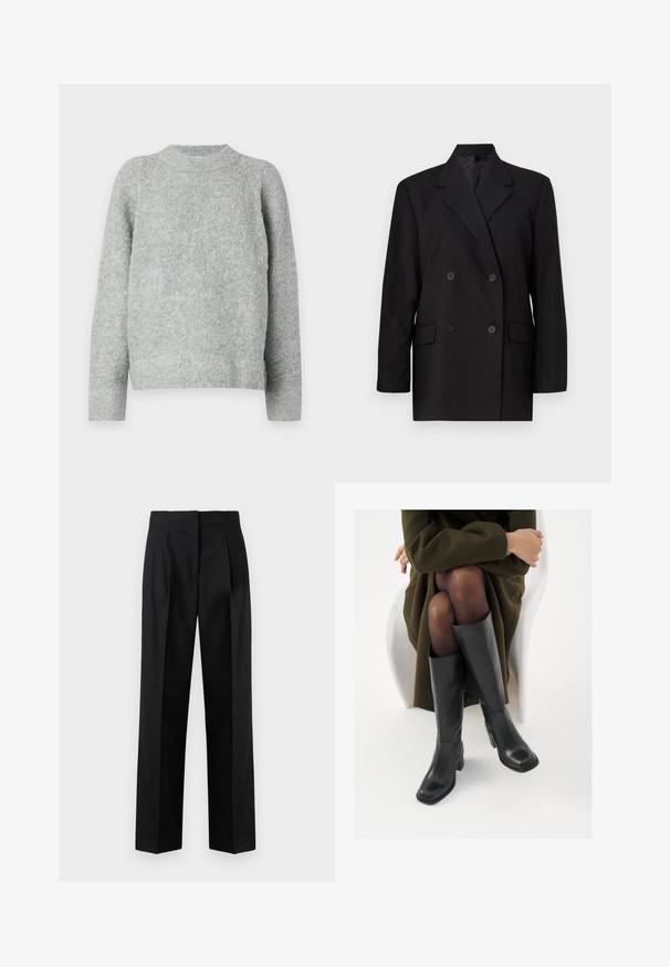 Must mustrõi jakk teravate krae, esipockets ja nööbiga kinnitamine. Valmistatud siledast kangast, millel on kohandatud lõige.; Hallitus hall pullover, mis on valmistatud tekstureeritud kudumifriikidest, ümmarguse kaelaauk ja pikad varrukad, lõdva lõikega ning ilma nähtavate mustriteta.; Mustad mustadest kangast püksid, millel on vooderdatud disain, voldid, sirge jalg ja lame esiosa. Vastupidav ja sile tekstuur.; Knee-high mustad nahast saapad nelinurkse varbaga ja plokilise kontsaga, esitatud mudeli kõrval, kes istub oliivirohelises mantlis. Sujuv tekstuur, minimaalne detailide arv.