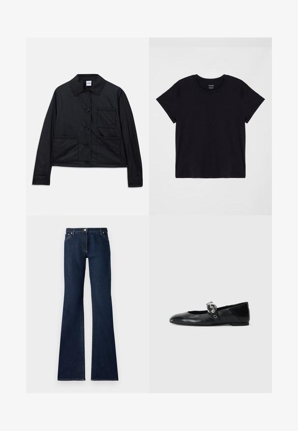 Black cropped jacket made of smooth fabric, featuring a pointed collar, six buttons, and two front patch pockets. Simple design with minimal accents.; Black short-sleeve t-shirt made of soft cotton. Classic round neck design with a simple, unembellished surface and a relaxed fit.; Dark blue flared jeans made of denim, featuring a five-pocket design, belt loops, and contrasting yellow stitching along the seams.; Black leather ballet flats with a pointed toe, featuring a strap with a circular metallic buckle and a flat sole.