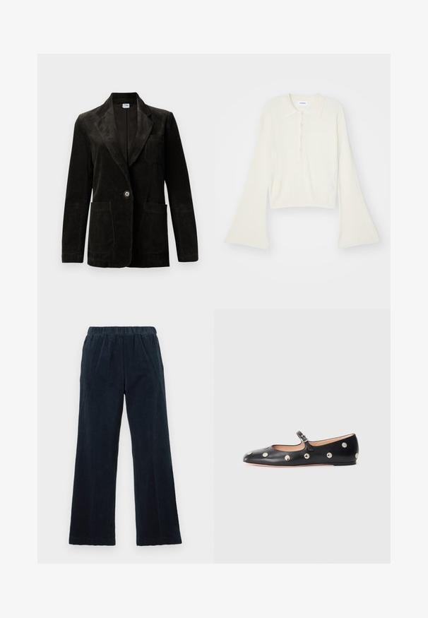Czarna marynarka z korduroju z klapami, z pojedynczym zapięciem na guzik, kieszenią na piersi i dwiema przednimi kieszeniami. Teksturowany materiał z pionowymi paskami.; Prążkowana, kremowa koszulka polo z długimi, rozszerzającymi się rękawami i zapięciem na pięć guzików. Posiada kołnierz o miękkiej fakturze.; Granatowe spodnie z korduroy z szerokimi nogawkami, elastycznym pasem i pionowym teksturowaniem. Posiadają boczne kieszenie i proste wykończenie dołu.; Czarne skórzane buty typu Mary Jane na płaskim obcasie z zaokrąglonym czubkiem, ozdobione srebrnymi okrągłymi ćwiekami oraz regulowanym paskiem z klamrą.