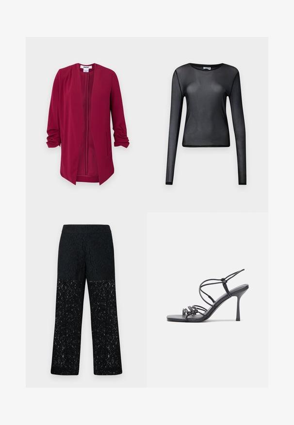 Burgundi színű, nyitott elülső dzseki, háromnegyedes ujjakkal, sima textúrával, két oldalsó zsebbel és finom plisszékkel a vállakon.; Fekete, hosszú ujjú blúz áttetsző anyagból, kerek nyakkivágással és szűk szabással, finoman szegélyezett széllel.; Fekete csipkés nadrág széles szárú kialakítással. Bonyolult virágmintákkal díszített félig átlátszó alsó része, sima derékrésszel.; Fekete magas sarkú szandálok vékony pántokkal, csomózott mintával, sima négyzetes orral és karcsú stiletto sarkal rendelkeznek.