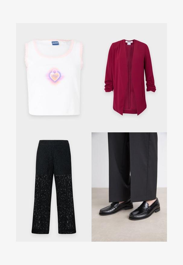 Burgundy avointa takki, jossa on kolme neljäsosapituista hihoja, sileä pinta, kaksi sivutaskua ja hienovaraiset laskokset hartioilla.; Valkoinen hihaton paita, jossa on vaaleanpunaiset aaltoreunat. Takissa on keskellä sydänkuvio pastelliväreissä ja sen sisällä on teksti "Hugo".; Mustat pitsihousut, joissa on leveä lahje. Ominaisuuksiin kuuluu monimutkainen kukkakuosi puoliksi läpikuultavassa alaosassa, sileä vyötärö.; Mustat nahka loaferit, joissa on sileä pinta, tikattu yksityiskohta varpaiden ympärillä ja matala kumipohja. Yhdistetty leveiden mustien housujen kanssa.