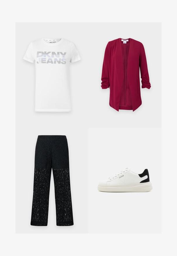 Burgundy avointa takki, jossa on kolme neljäsosapituista hihoja, sileä pinta, kaksi sivutaskua ja hienovaraiset laskokset hartioilla.; Valkoinen puuvillainen t-paita, jonka etuosassa lukee suurilla, kimaltavilla hopeisilla kirjaimilla "DKNY JEANS". Lyhyet hihat, pyöreä pääntie.; Mustat pitsihousut, joissa on leveä lahje. Ominaisuuksiin kuuluu monimutkainen kukkakuosi puoliksi läpikuultavassa alaosassa, sileä vyötärö.; Valkoiset nahkakengät paksulla valkoisella pohjalla, mustalla mokkanahkaosuudella kannassa ja kohokuvioitu logo sivulla. Nauhakeskitys kuudella reiällä.