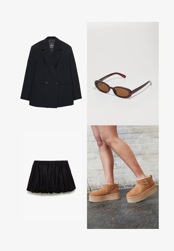 Czarna marynarka w paski, dwurzędowa, z klapami typu notch, dwoma guzikami z przodu, kieszeniami wpuszczanymi i długimi rękawami, położona na płasko.; Biała koszulka z krótkim rękawem, wykonana z bawełny. Posiada okrągły dekolt i luźny krój. Gładka faktura bez widocznych wzorów czy akcentów.; Czarna spódnica z bawełny, charakteryzująca się marszczonym wzorem, elastycznym pasem i objętościowym kształtem o gładkiej fakturze.; Brązowe zamszowe botki sięgające kostki z puszystą wyściółką, grubą beżową platformą oraz tylną pętelką. Teksturowana powierzchnia z widocznymi detalami zszycia.; Okrągłe, brązowe okulary przeciwsłoneczne z błyszczącą bordową oprawą. Cienkie ramiona z subtelnym detalem marki. Płaski kształt soczewek.