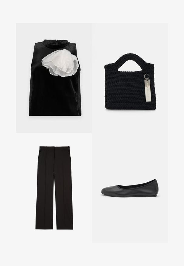 The Kooples VESTE COSTUME - Blazer - black; Top nero senza maniche realizzato in tessuto morbido, caratterizzato da un grande accento di fiori in tulle bianco sul lato sinistro e un colletto alto con chiusura a zip.; Pantaloni neri su misura realizzati in un tessuto liscio, con un design a gamba dritta e due tasche laterali. Costruzione elegante e minimalista.; Pantofole da balletto nere in pelle con punta arrotondata, texture liscia, dettagli di cucitura minimi e design con suola flessibile.; Won Hundred MARSIELLE COMPUTER BAG UNISEX - Borsa porta PC - black