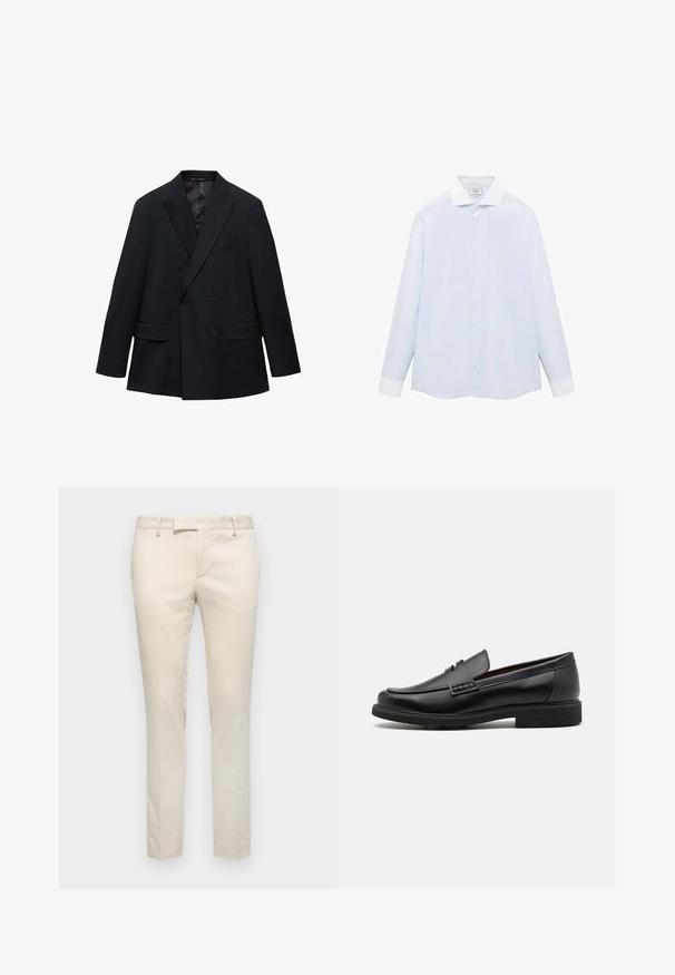 Mango MONACO - Blazere - royal blue; Lysblå stribet langermet skjorte med hvid krave og manchetter, udstyret med knaplukning og en buet kant. Glat stofstruktur.; Beige skræddersyede bukser lavet af glat stof. Slim-fit design med flad front og sidelommer. Minimalistisk stil uden pynt.; Sorte syntetiske loafers med en fremtrædende syet front, polstret indersål og flad gummiydersål; slankt design med minimal detaljer.
