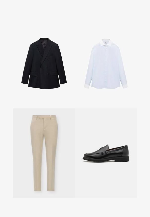 Mango MONACO - Pikkutakki - royal blue; Vaaleansininen raidallinen pitkähiha shirt, jossa on valkoinen kaulus ja hihansuut, varustettu napituksella ja kaarevalla helmalla. Silkkinen kangaslaatu.; Beige-harmaat puvut, joissa on kapea istuvuus, litteä etuosa, huomaamattomat sivutaskut ja sileä, teksturoitu kangas.; Musta keinotekoinen mokka, jossa on korostettu ommeltu etuosa, pehmeä sisäpohja ja litteä kumipohja; tyylikäs muotoilu, jossa on vähäistä yksityiskohtaisuutta.