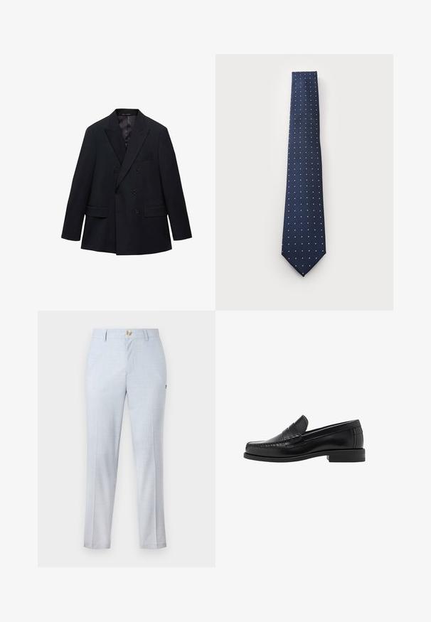 Mango MONACO - Blazer jacket - royal blue; Light blue striped long-sleeve shirt with a white collar and cuffs, featuring a button-up front and a curved hemline. Smooth fabric texture.; Light blue dress pants made of woven fabric, featuring a classic fit, straight leg, front pockets, and a button closure. Subtle pattern detail.; Black leather loafers with a smooth finish, stitched detailing on the toe, and a low heel design for comfort and style.; Calvin Klein SKOKIE PIN DOT - Tie - navy blue