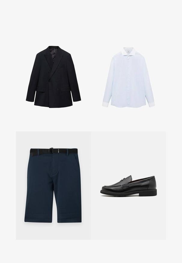 Mango MONACO - Blazer - royal blue; Lichtblauw gestreept overhemd met lange mouwen, witte kraag en manchetten, met een knoopsluiting aan de voorkant en een gebogen onderzoom. Gladde stoftextuur.; Marineblauwe shorts van gestructureerde stof, met een zwarte verstelbare riem, twee zijzakken en een rechte zoom.; Zwarte synthetische loafers met een opvallende gestikte voorkant, gevoerde binnenzool en platte rubberen buitenzool; slank ontwerp met minimale details.
