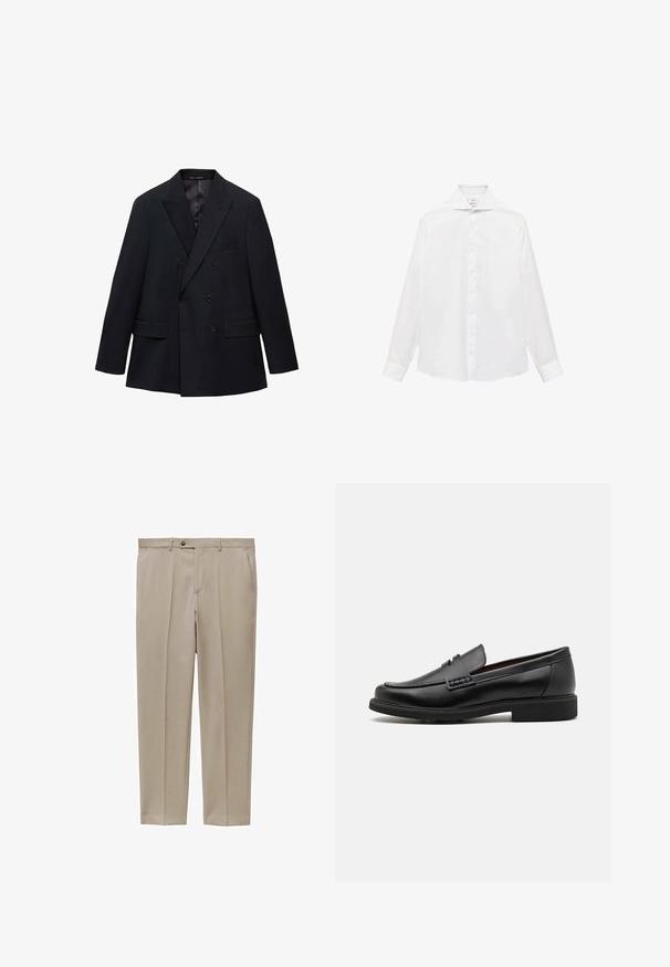 Mango MONACO - Suknjič - royal blue; Bela srajca z dolgimi rokavi in gumbi, z ostrim ovratnikom, ki ima gladko teksturo in sedem gumbov spredaj.; Bež hlače iz lahkega materiala, z ravnim krojem, sprednjimi naborki in enim gumbom na pasu.; Črne sintetične loafers čevlje s poudarjenim šivanim sprednjim delom, blazinasto vložkom in ravnim gumijastim podplatom; eleganten dizajn z minimalnimi detajli.