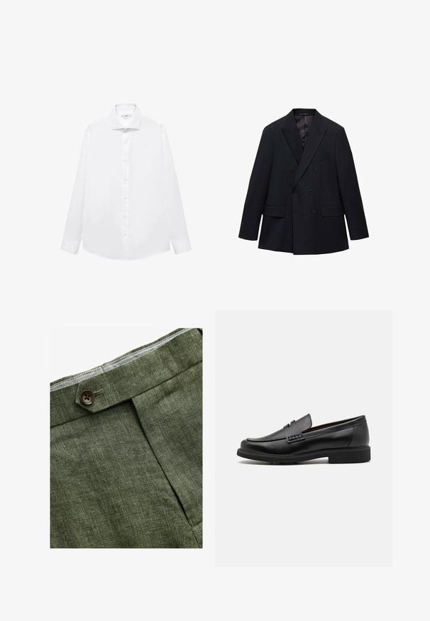 Mango MONACO - Blazere - royal blue; Hvid langærmet skjorte lavet af glat bomuld, med spids krave, front knaplukning og lige skæring i kanten.; Olivenfarvede linnedbukser med en frontfold, prydet med en knaplukning og et kontrastfarvet ternet for i taljebåndet.; Sorte syntetiske loafers med en fremtrædende syet front, polstret indersål og flad gummiydersål; slankt design med minimal detaljer.