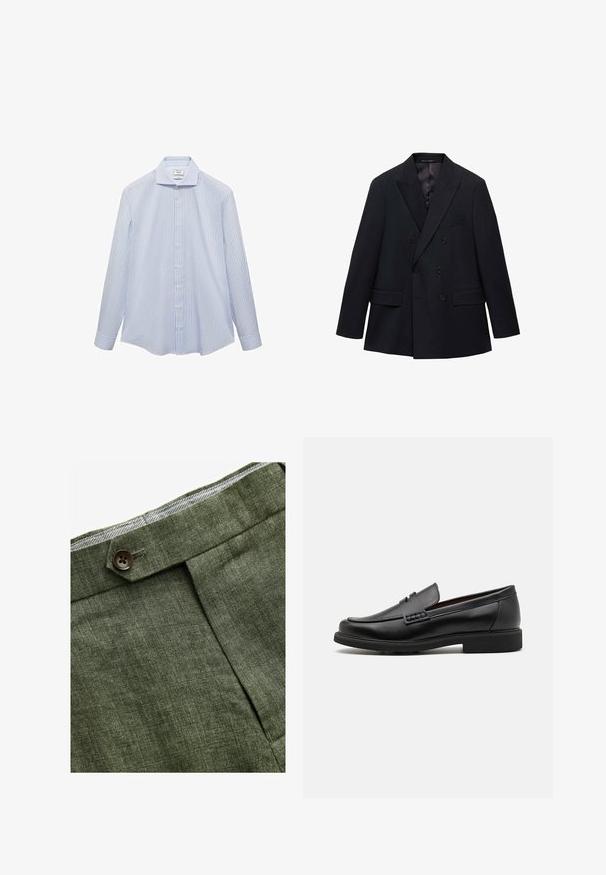 Mango MONACO - Giacca - royal blue; Camicetta azzurra chiara a maniche lunghe con strisce verticali bianche, colletto a punta, e bottoni frontali. Tessuto liscio con una vestibilità strutturata.; Pantaloni in lino verde oliva con piega frontale, dotati di chiusura con bottone e una fodera a quadretti a contrasto nella cintura.; Mocassini sintetici neri con una spessa cucitura frontale, soletta imbottita e suola piatta in gomma; design elegante con dettagli minimi.