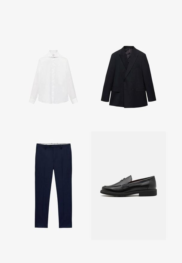 Mango MONACO - Sacou - royal blue; Cămașă albă cu mânecă lungă, cu guler ascuțit, având o textură netedă și șapte butoane pe față.; Pantaloni bleumarin cu croială slim și model cu dungi. Au fermoar, bucle pentru curea și buzunare frontale. Textură de țesătură netedă.; Mocasini negri din material sintetic, cu un vârf cusut proeminent, interior căptușit și talpă plată din cauciuc; design elegant cu detalii minime.
