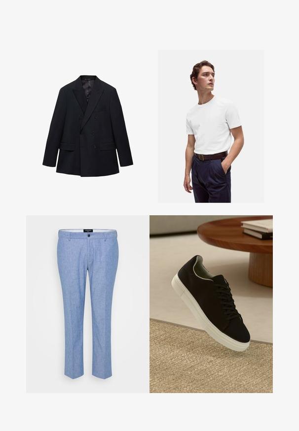 Mango MONACO - Giacca - royal blue; T-shirt bianca in cotone con scollo rotondo, indossata con pantaloni plissettati blu navy e una cintura in pelle marrone con fibbia dorata.; Camicia a maniche lunghe a righe blu chiaro con colletto e polsini bianchi, dotata di chiusura con bottoni sul davanti e orlo curvo. Tessuto dalla texture liscia.; Pantaloni azzurri chiari realizzati in tessuto testurizzato, con una vestibilità dritta, passanti per cintura e un'unica chiusura frontale a bottone.; Sneaker nero con suola bianca che flotta sopra un tappeto beige testurizzato vicino a un tavolo rotondo in legno con libri impilati.