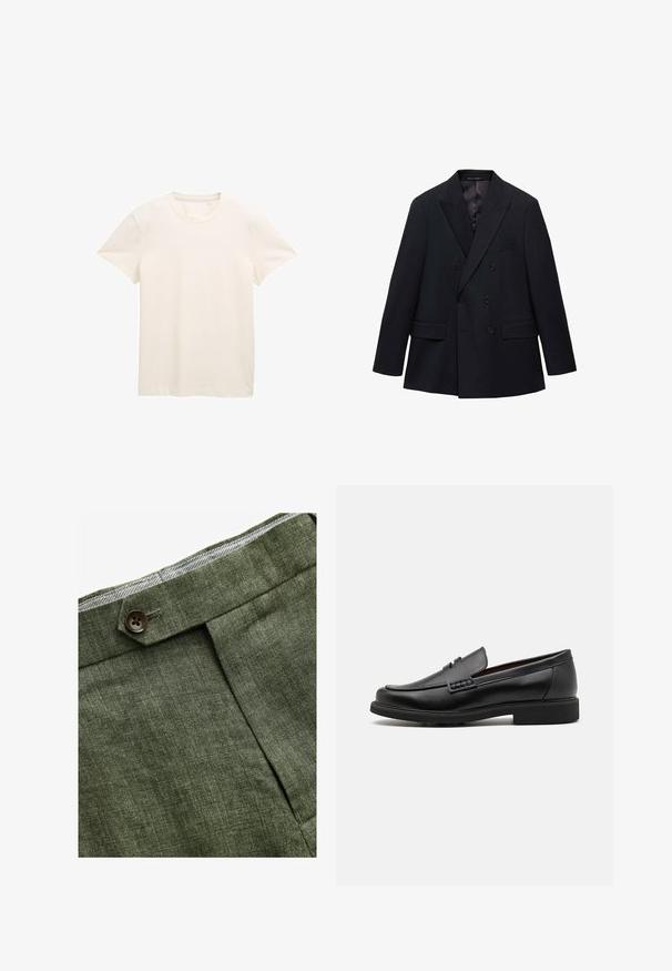 Mango MONACO - Blazere - royal blue; Cremefarvet bomulds-t-shirt med korte ærmer, rund halsudskæring og et let struktureret stof. Ingen synlige mønstre eller grafik.; Lysblå stribet langermet skjorte med hvid krave og manchetter, udstyret med knaplukning og en buet kant. Glat stofstruktur.; Olivenfarvede linnedbukser med en frontfold, prydet med en knaplukning og et kontrastfarvet ternet for i taljebåndet.; Sorte syntetiske loafers med en fremtrædende syet front, polstret indersål og flad gummiydersål; slankt design med minimal detaljer.