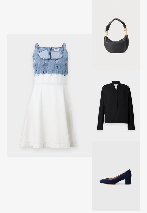 Must must ehk mandriini kraega, pikad varrukad ja sirge lõikega. Valmistatud tekstureeritud kangast, armsa varjatud esise sulgemisega.; MOSCHINO JEANS Teksakleit - multi ice; Tumesinise sametist kõrge kontsaga king, millel on terav nina ja keskmise kõrgusega plokk-konts. Sile tekstuur kerge sädelusega ja ees väike lõige.; Must mustrepp nahkakott ümmarguse kujuga, pehme tekstuuriga ja sõlmiga käepidemega, millel on kuldse tooni aksessuaarid. Lukuga sulgemine.