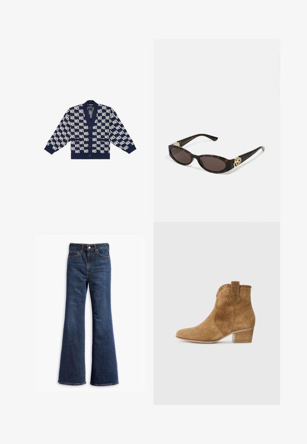Hnědá semišová bunda s límečkem, popperovým zapínáním v přední části, dvěma bočními kapsami a zkráceným střihem. Hladká textura a strukturovaný tvar.; Námořnický modrý kardigan s opakujícím se bílým vzorem "WB", žebrovanými manžetami, výstřihem do V a pěti knoflíky na přední straně. Měkká textura.; Bílá košile s rozepínáním, vyrobená z hladké bavlny, s klasickým límcem, rovný lem a béžové knoflíky na přední straně.; Džínové kalhoty s vysokým pasem v tmavě modré barvě, s rozšířenými nohavicemi, předním zapínáním na knoflík a zip, a designem s pěti kapsami.; Kochové kozačky z jemného semiše v tělové barvě s špičatou špičkou, texturovaným lemováním na límci a širokým podpatkem. Obsahuje poutko pro snadné obouvání.; Brýle sluneční s kočičím vzorem, prodloužené oválné čočky, hnědý odstín, zlaté logo na spáncích a elegantní černé nožičky.; Hnědá taška z faux semiše s dvěma pevnými ušima, strukturovaným tvarem a minimalistickým designem, který obsahuje jemné akcenty šití.